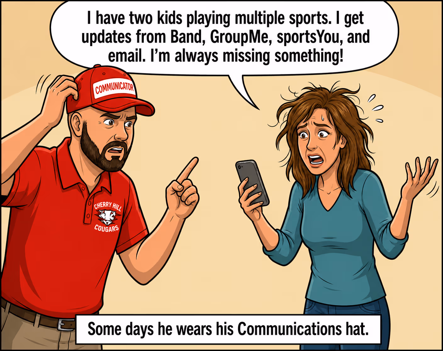 Mike, wearing a Communicator hat, talks with a parent who is overwhelmed by updates from Band, GroupMe, sportsYou, and email.