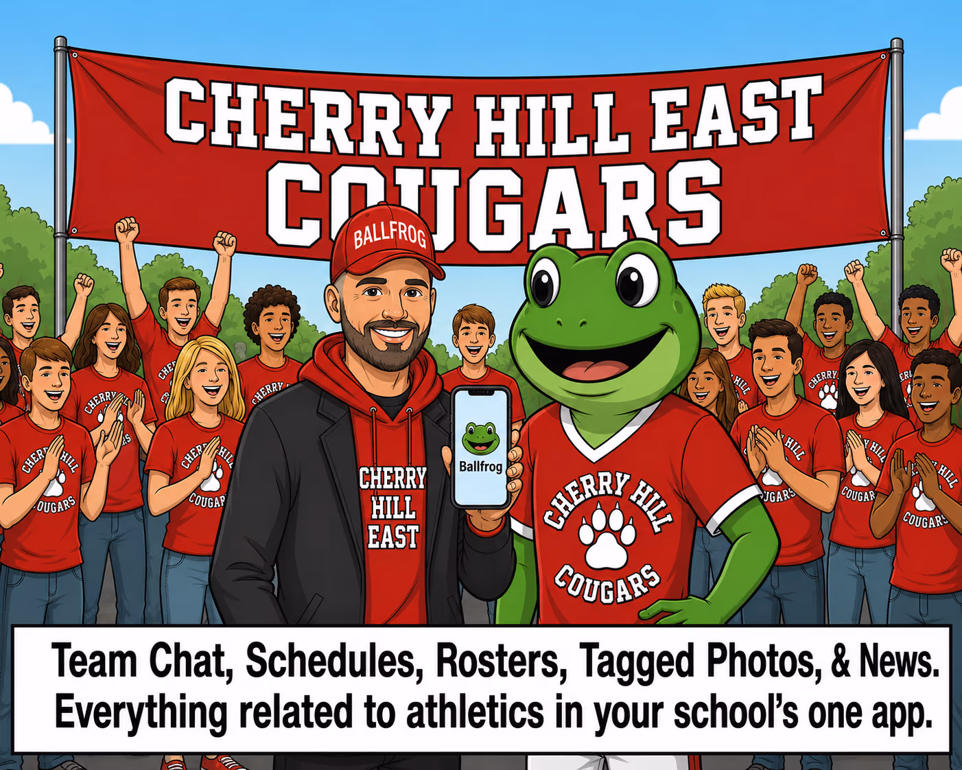 Mike stands with the Ballfrog frog mascot in front of the cheering Cherry Hill East Cougars community.
