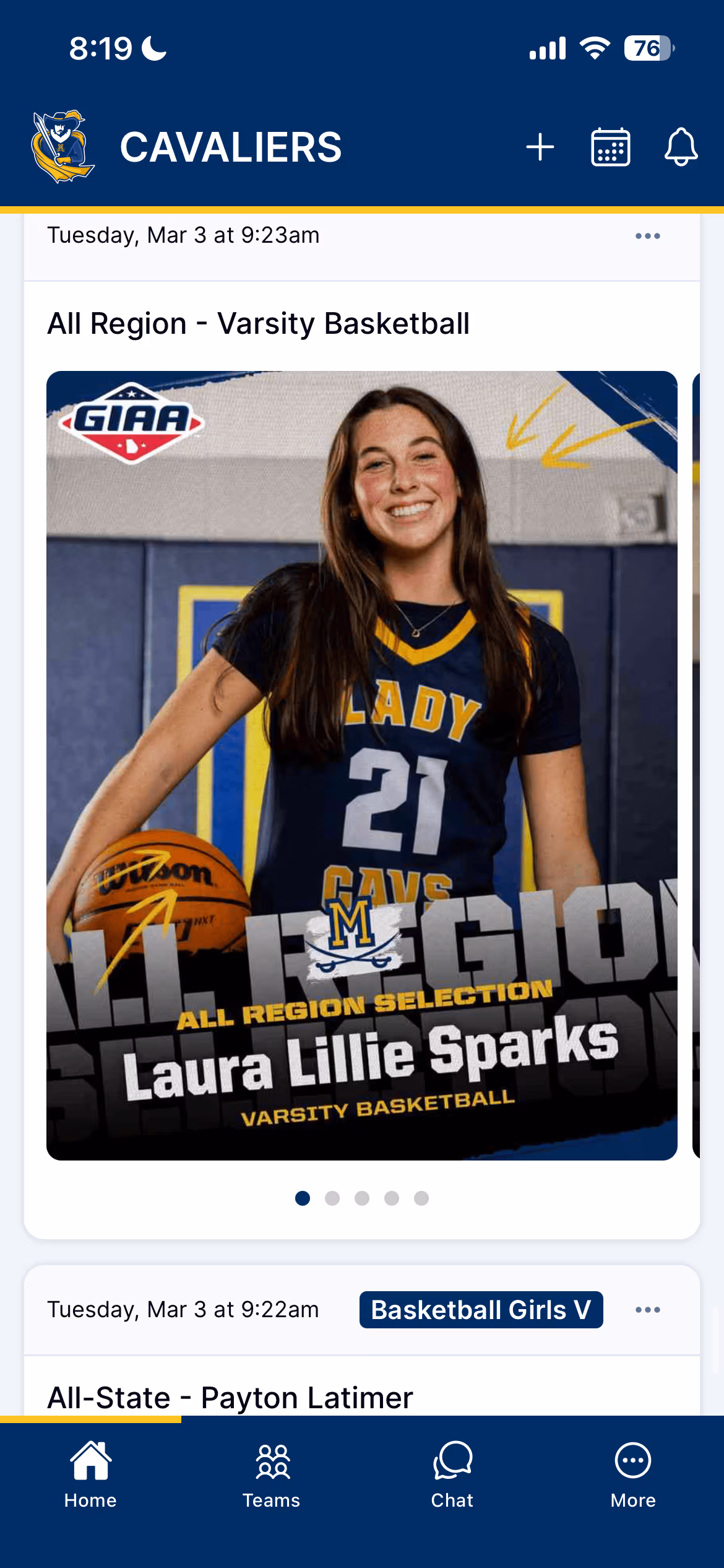 A Cavaliers girls basketball post in the Ballfrog app — All-Region selection Laura Lillie Sparks with her honor graphic.