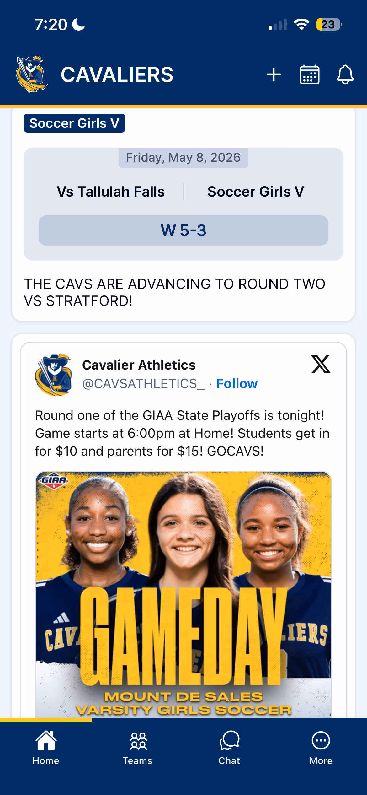 A final score in the Ballfrog app — the Cavaliers' girls soccer W 5-3 playoff result with the team's gameday post right below it.
