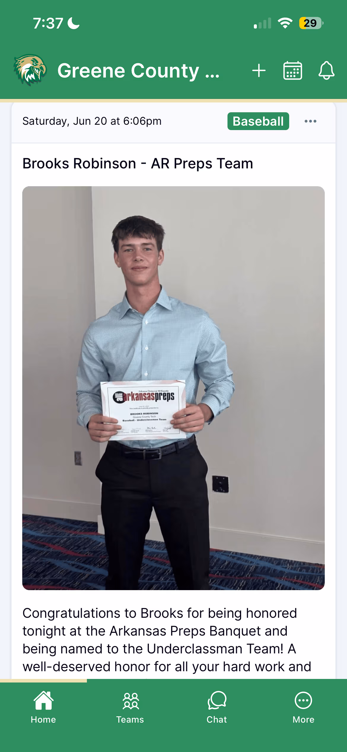 A Greene County Tech baseball post in the Ballfrog app — Brooks Robinson honored on the Arkansas Preps Underclassman Team, holding his certificate.