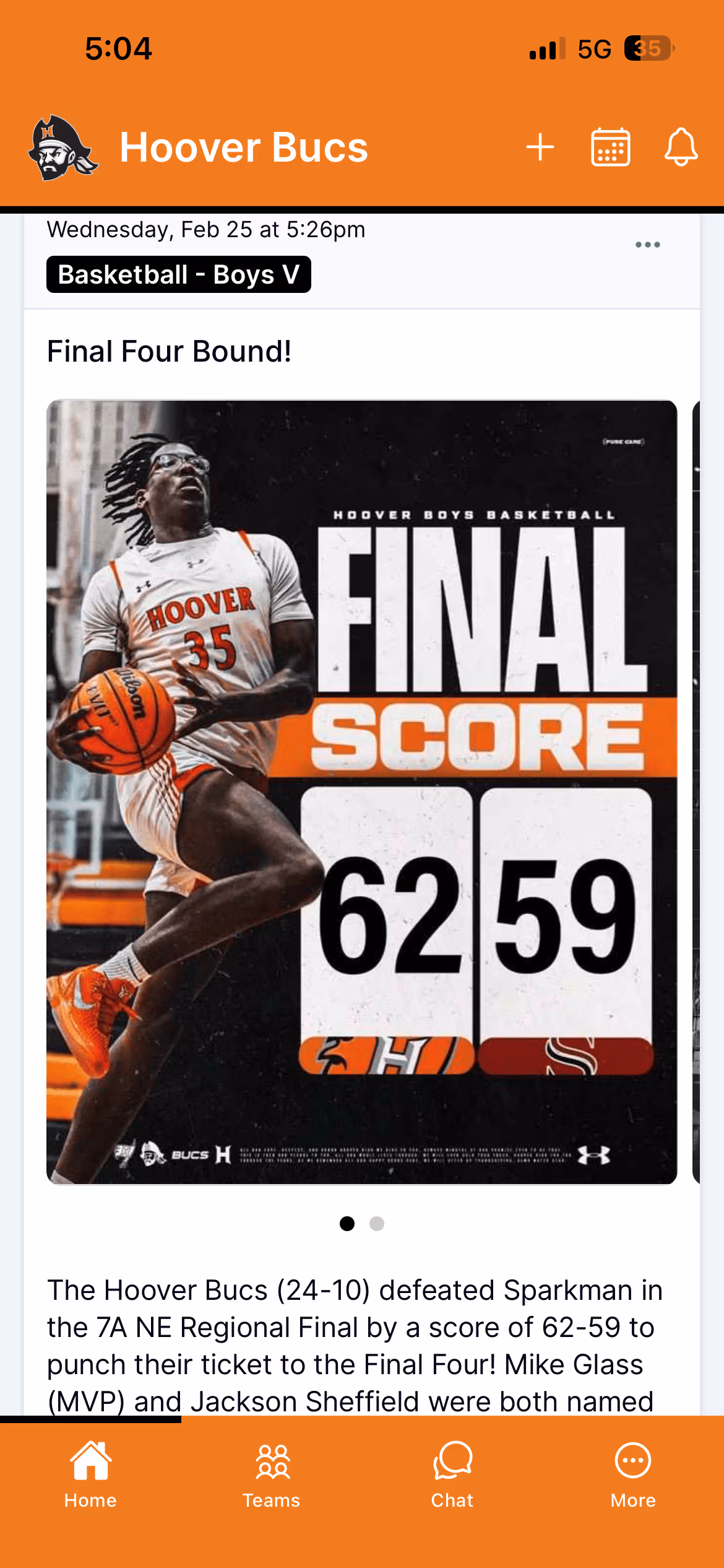 The Ballfrog app showing a Hoover Bucs recap — 'Final Four Bound!' with a 62-59 final-score graphic