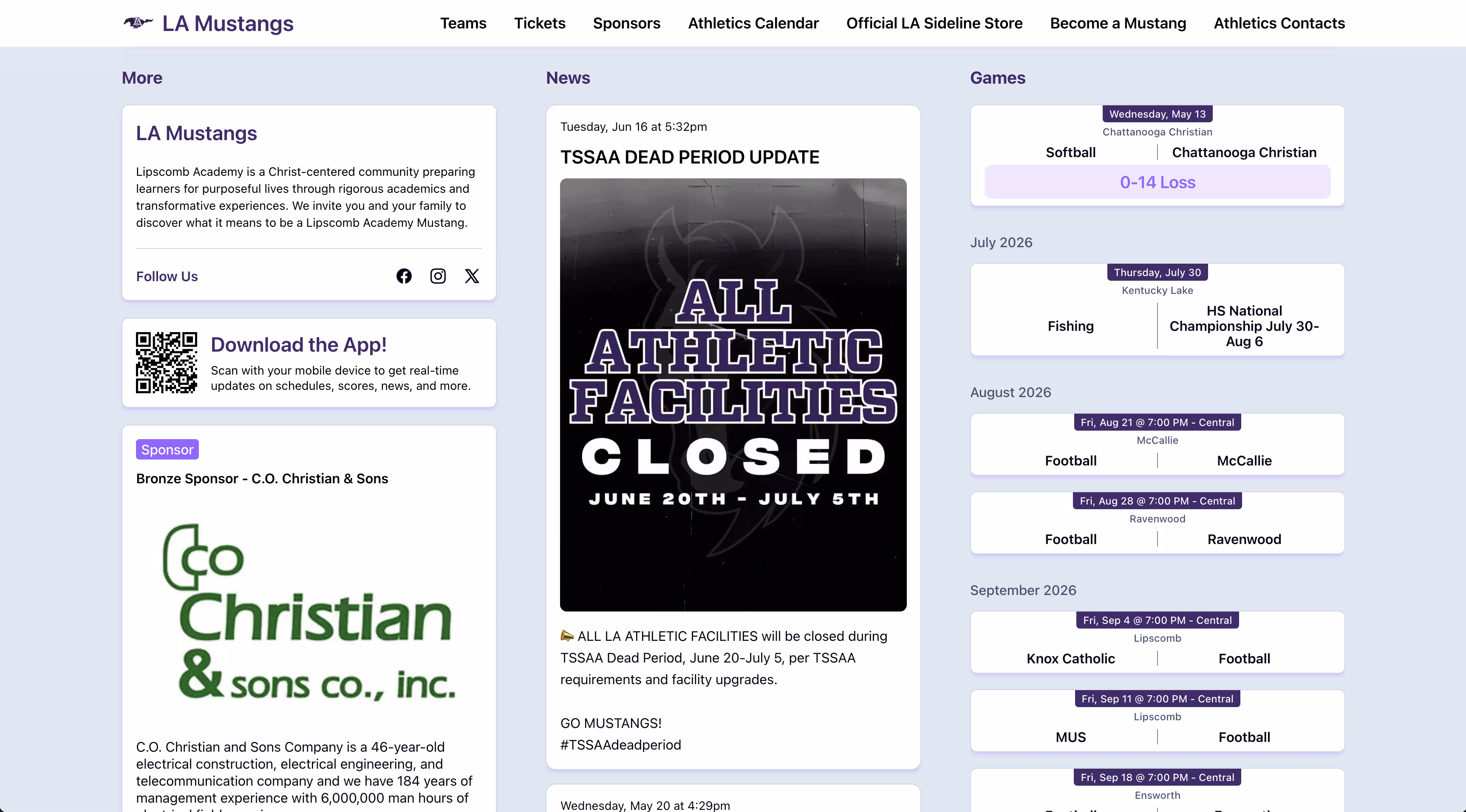The LA Mustangs companion website content view — schedules, scores, news, and sponsors in a polished public layout that stays in sync with the app.
