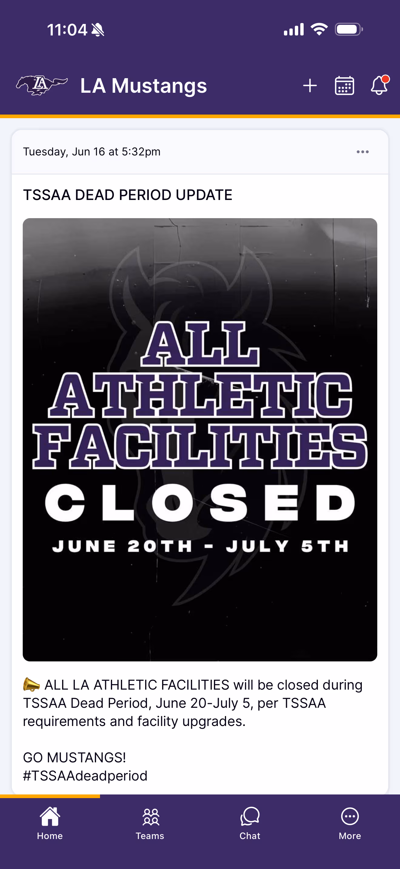 An LA Mustangs news post in the Ballfrog app — a 'TSSAA Dead Period Update' announcing all athletic facilities closed June 20–July 5, with a branded purple-and-gold graphic.