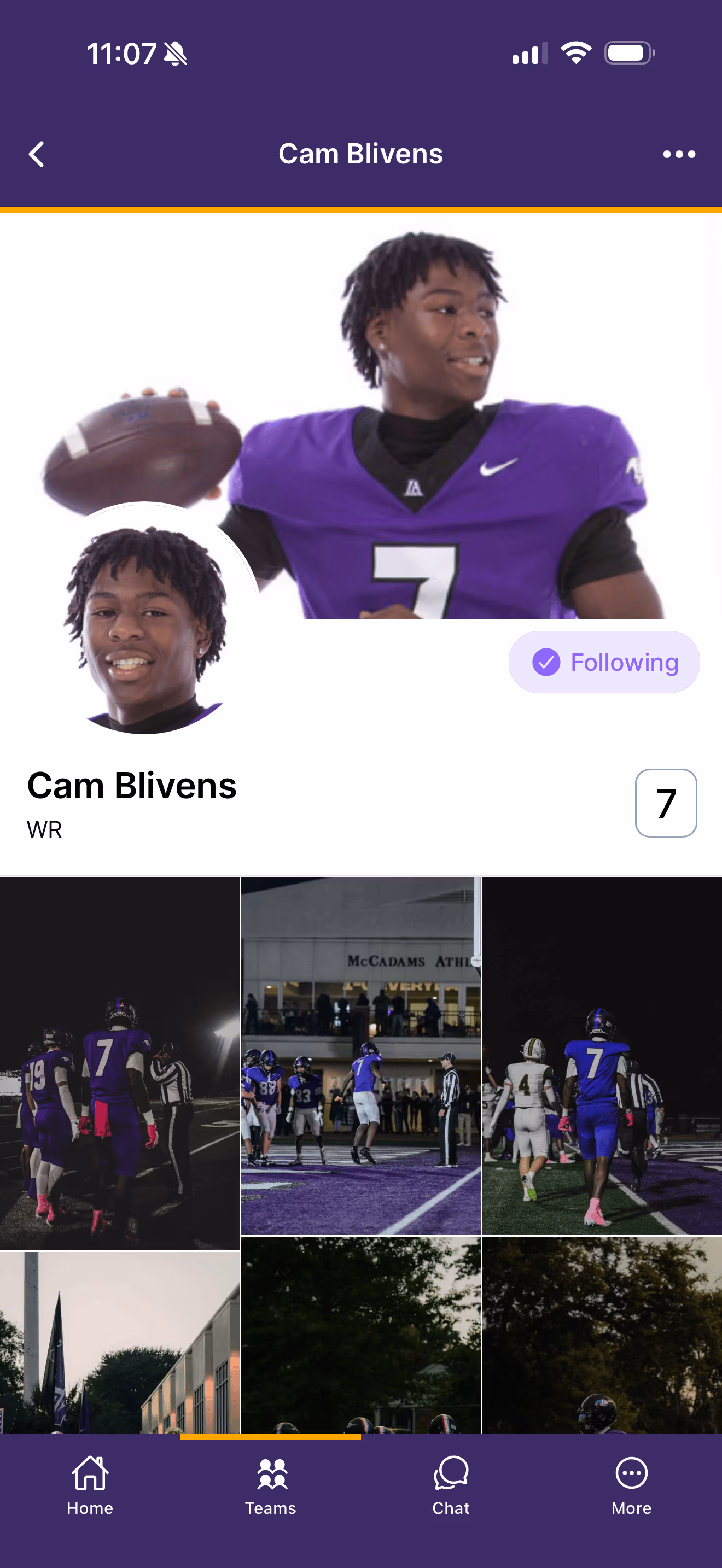 Tapping a name opens a clean player profile in the Ballfrog app — LA Mustangs receiver Cam Blivens, #7, WR, with an action photo, headshot, a 'Following' badge, and a grid of his game photos.