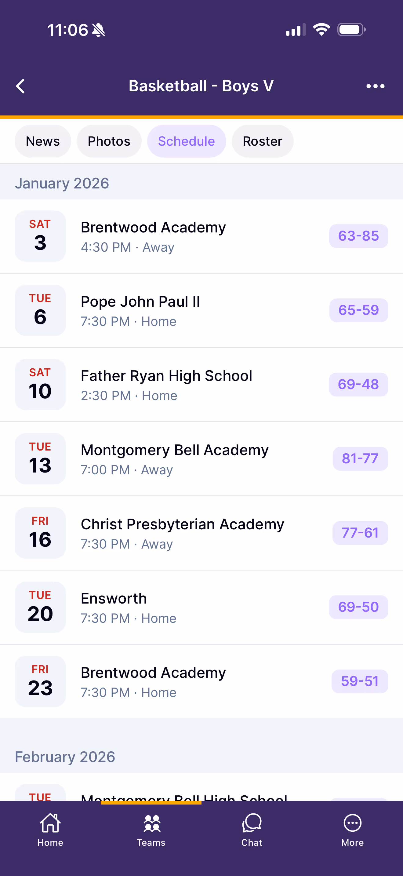 The Ballfrog app showing the LA Mustangs basketball schedule with final scores